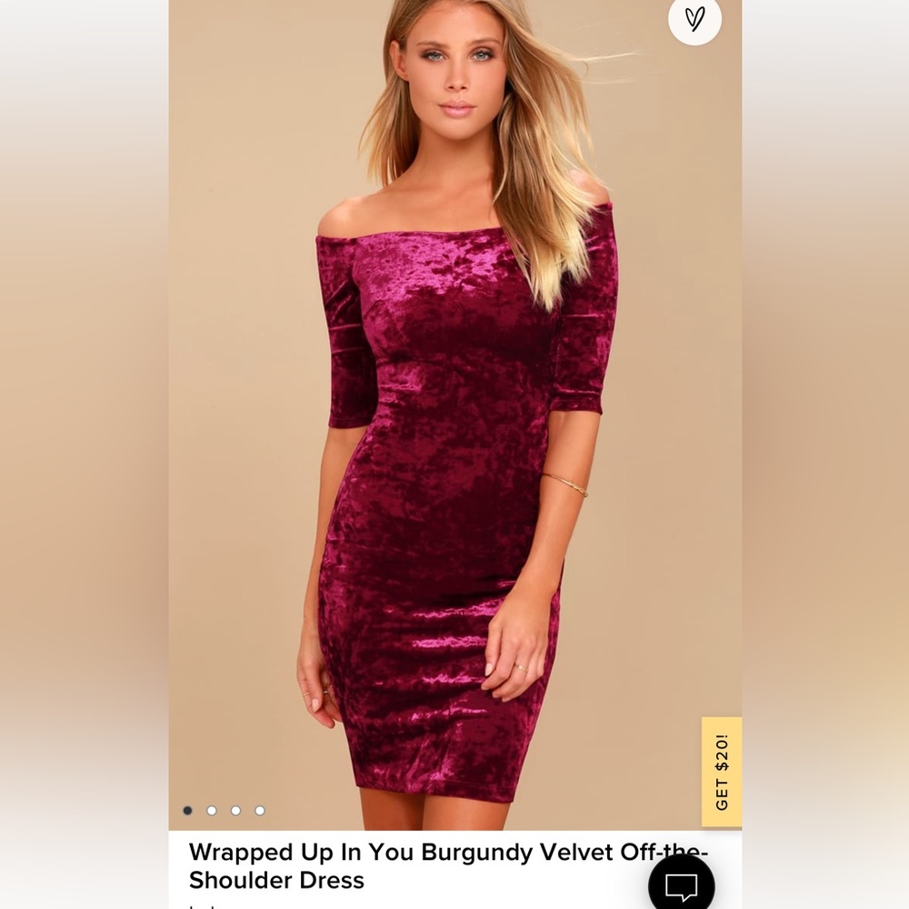 Lulu’s Wrapped Up In You Burgundy Velvet Off-the-Shoulder Dress. Size M.